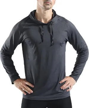 Mens Long Sleeve Running Top Sports T Shirts Breathable Quick Dry Hooded Sweatshirt for Workout Cycling Casual