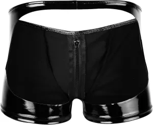 Men's Smooth Faux Leather Swim Trunk Zipper Jockstraps Briefs Gay Underwear Boxer Shorts