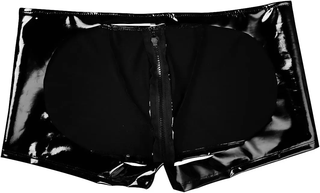 Men's Smooth Faux Leather Swim Trunk Zipper Jockstraps Briefs Gay Underwear Boxer Shorts