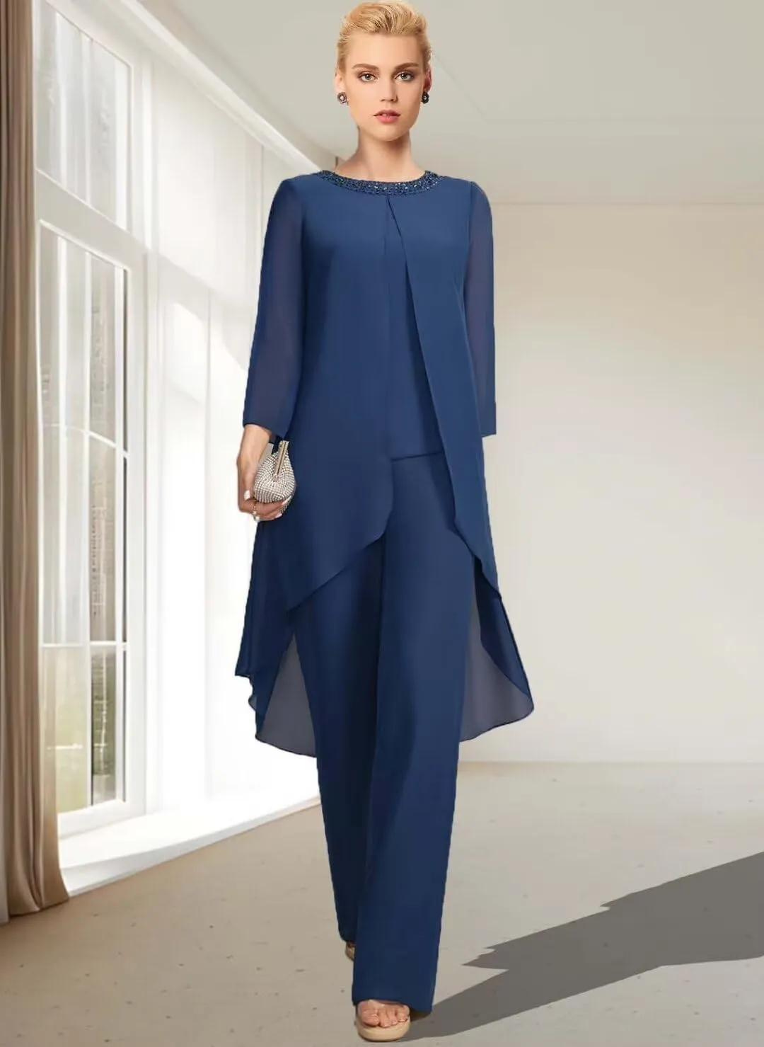 Mother of The Bride Pant Suit for Wedding Beaded 2 Pcs Formal Set 3/4 Sleeves Wedding Guest Outfit