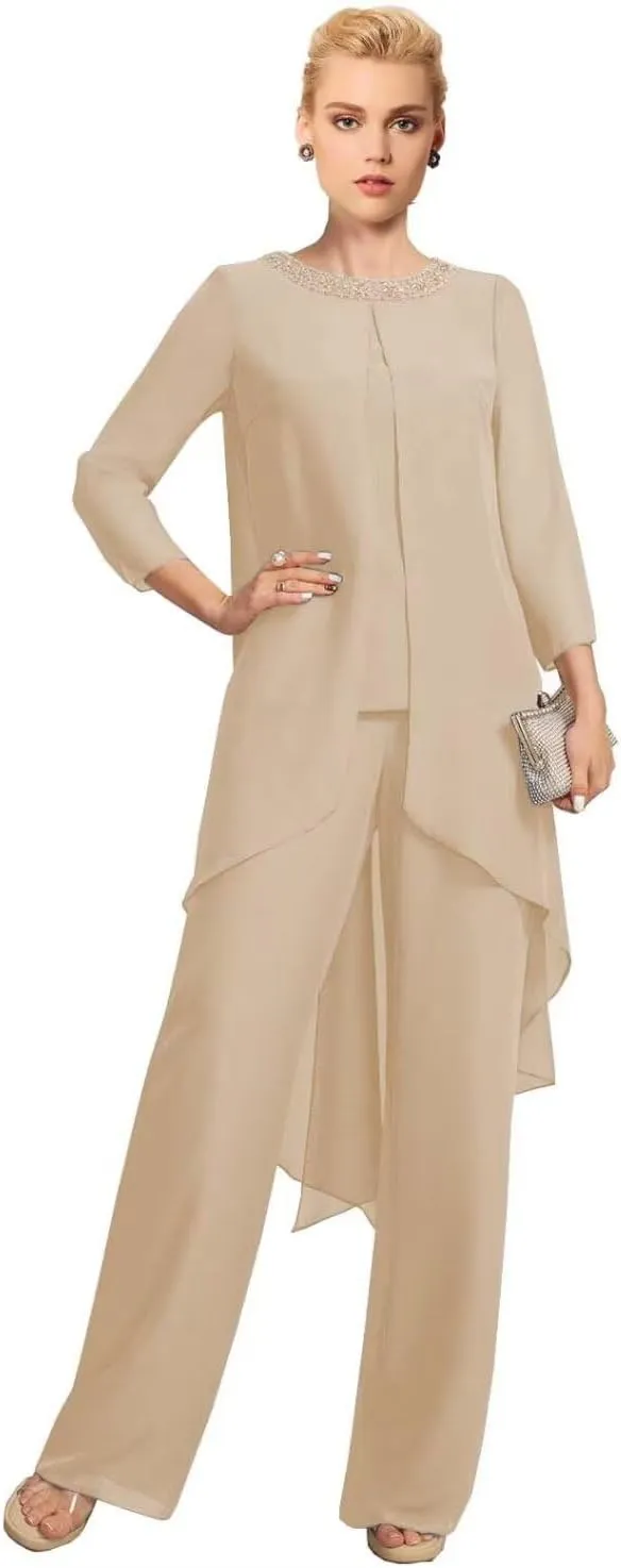 Mother of The Bride Pant Suit for Wedding Beaded 2 Pcs Formal Set 3/4 Sleeves Wedding Guest Outfit