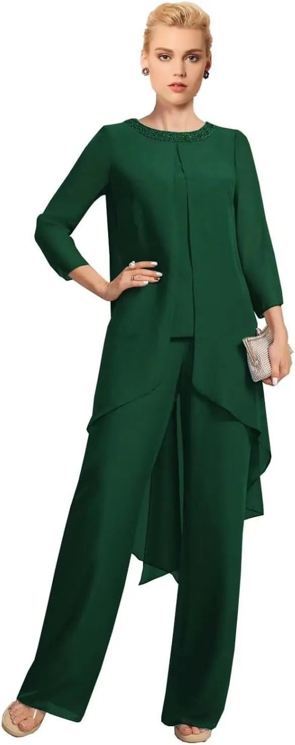 Mother of The Bride Pant Suit for Wedding Beaded 2 Pcs Formal Set 3/4 Sleeves Wedding Guest Outfit