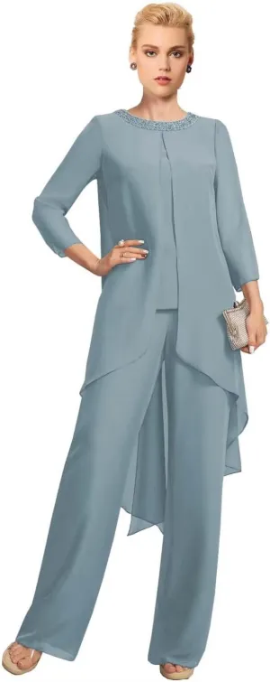 Mother of The Bride Pant Suit for Wedding Beaded 2 Pcs Formal Set 3/4 Sleeves Wedding Guest Outfit