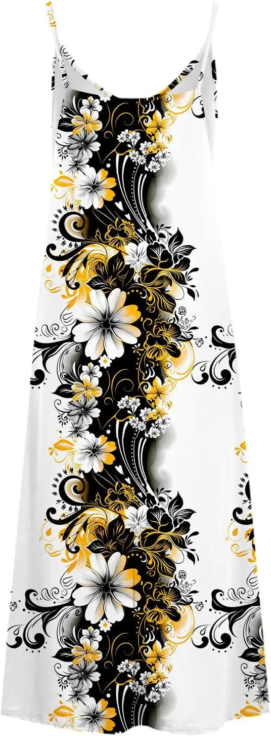 Mzkdieey Women's 2024 Summer Dress Casual Boho Floral Print Sundress Spaghetti Strap V Neck Flowy Maxi Beach Vacation Dress