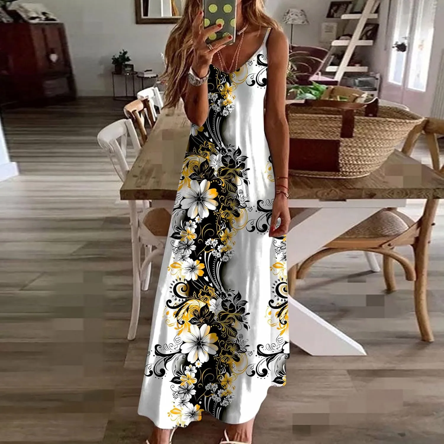 Mzkdieey Women's 2024 Summer Dress Casual Boho Floral Print Sundress Spaghetti Strap V Neck Flowy Maxi Beach Vacation Dress