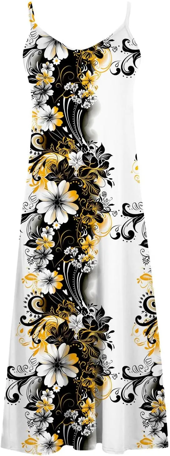 Mzkdieey Women's 2024 Summer Dress Casual Boho Floral Print Sundress Spaghetti Strap V Neck Flowy Maxi Beach Vacation Dress