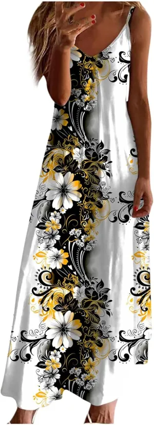 Mzkdieey Women's 2024 Summer Dress Casual Boho Floral Print Sundress Spaghetti Strap V Neck Flowy Maxi Beach Vacation Dress