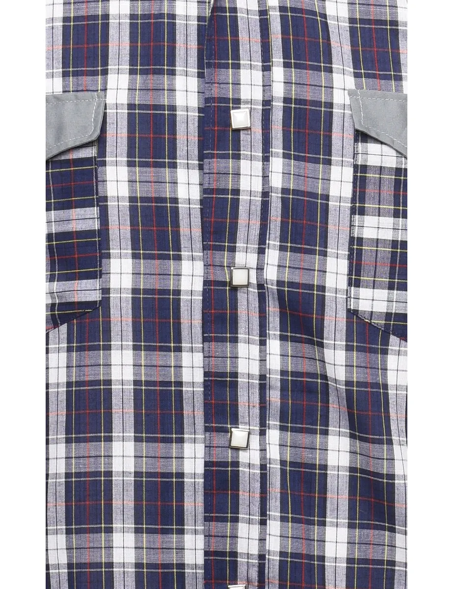 Navy Short Sleeve Western Checked Shirt - L