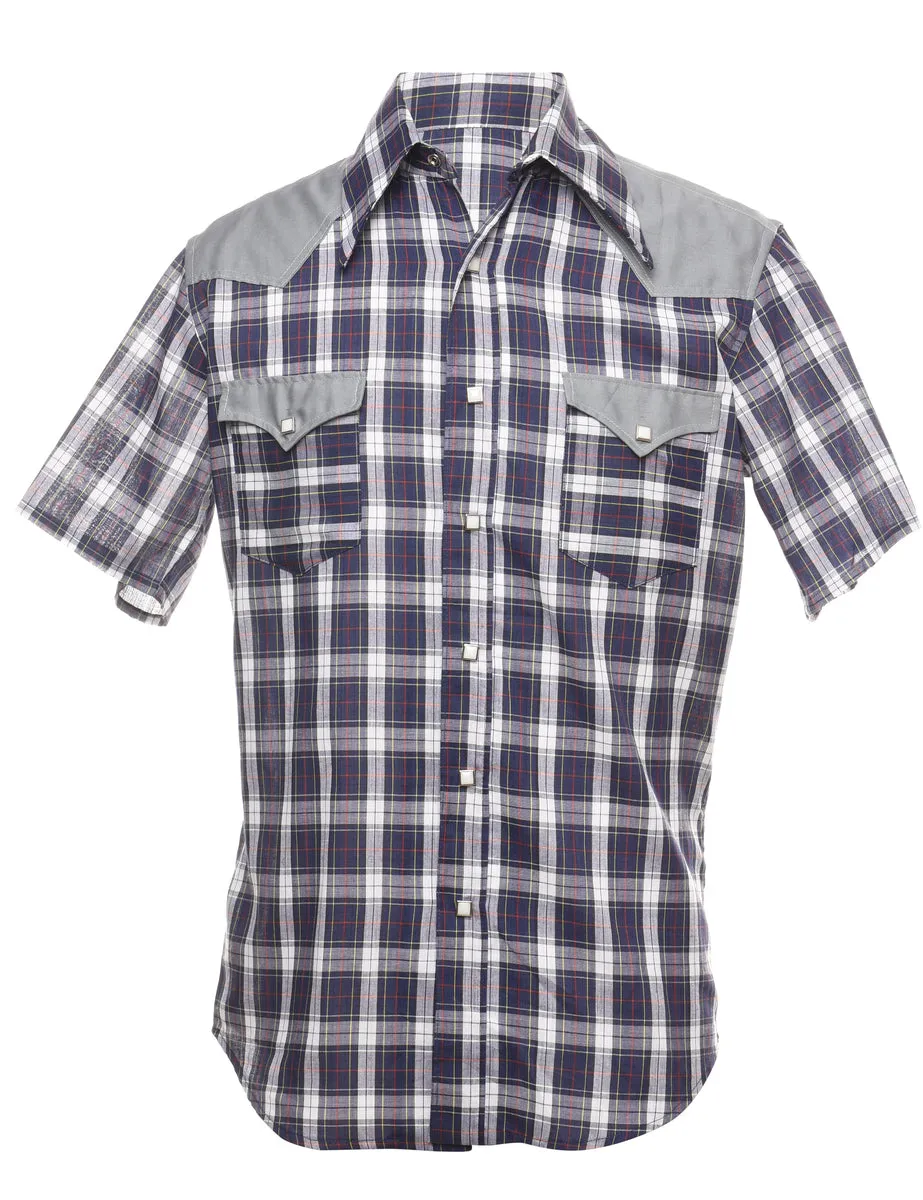 Navy Short Sleeve Western Checked Shirt - L