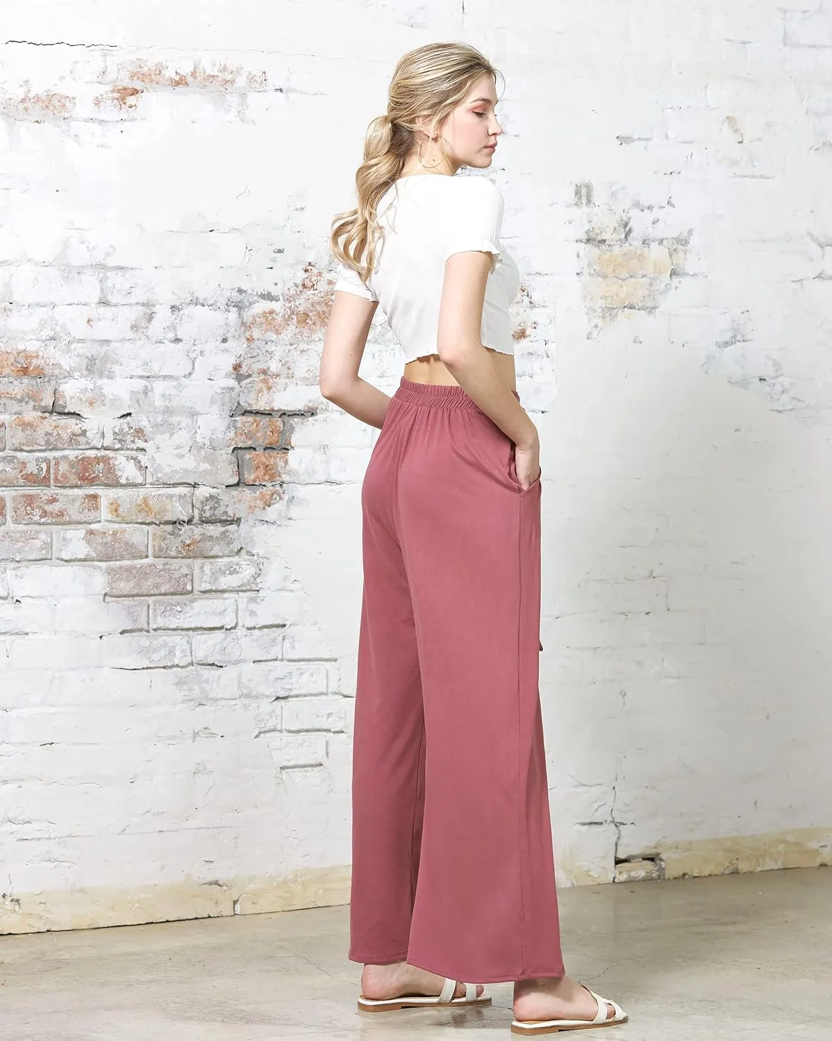 noflik Women's Comfy High Waisted Wide Leg/Bell Bottom Pants with Elastic Waistband