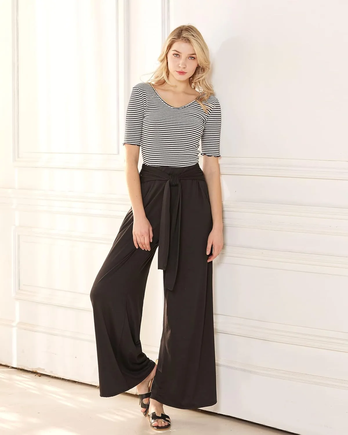noflik Women's Comfy High Waisted Wide Leg/Bell Bottom Pants with Elastic Waistband