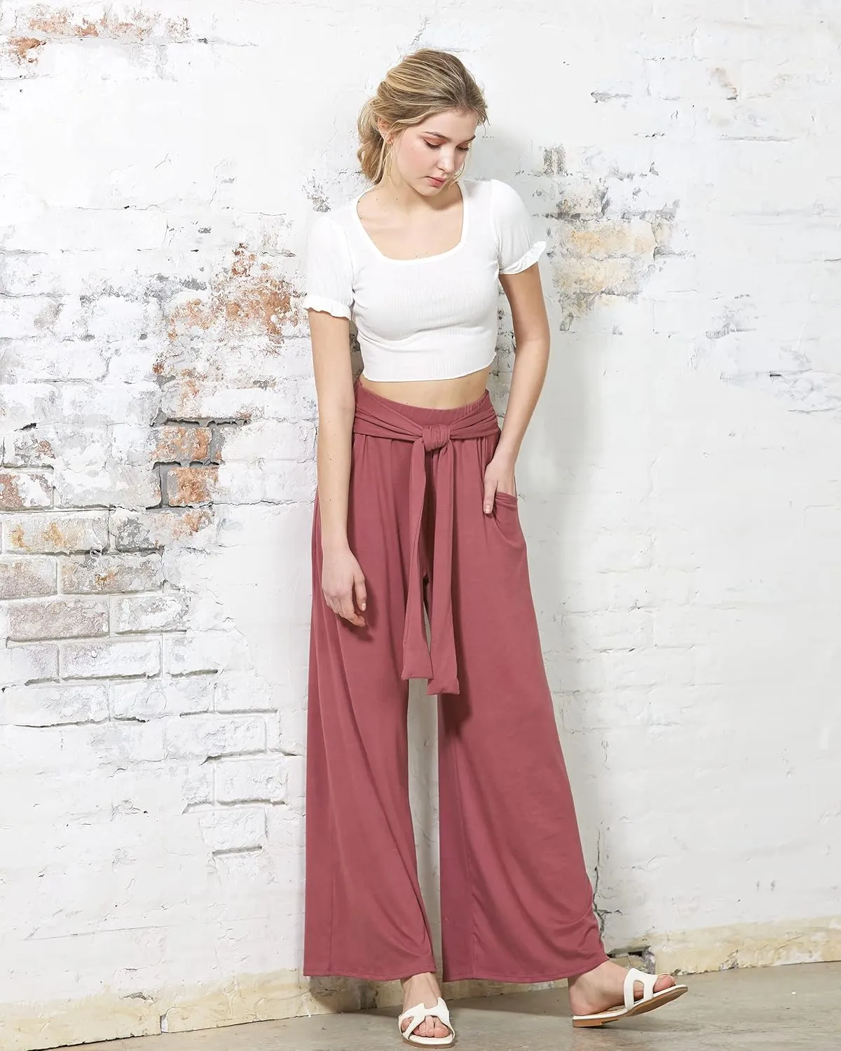 noflik Women's Comfy High Waisted Wide Leg/Bell Bottom Pants with Elastic Waistband