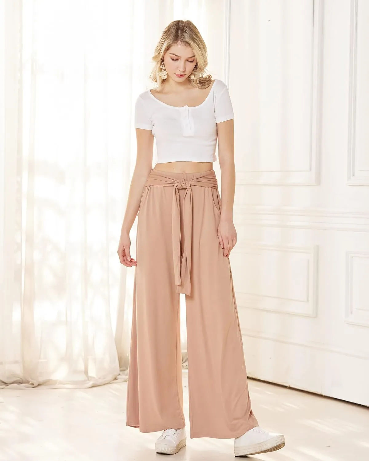 noflik Women's Comfy High Waisted Wide Leg/Bell Bottom Pants with Elastic Waistband