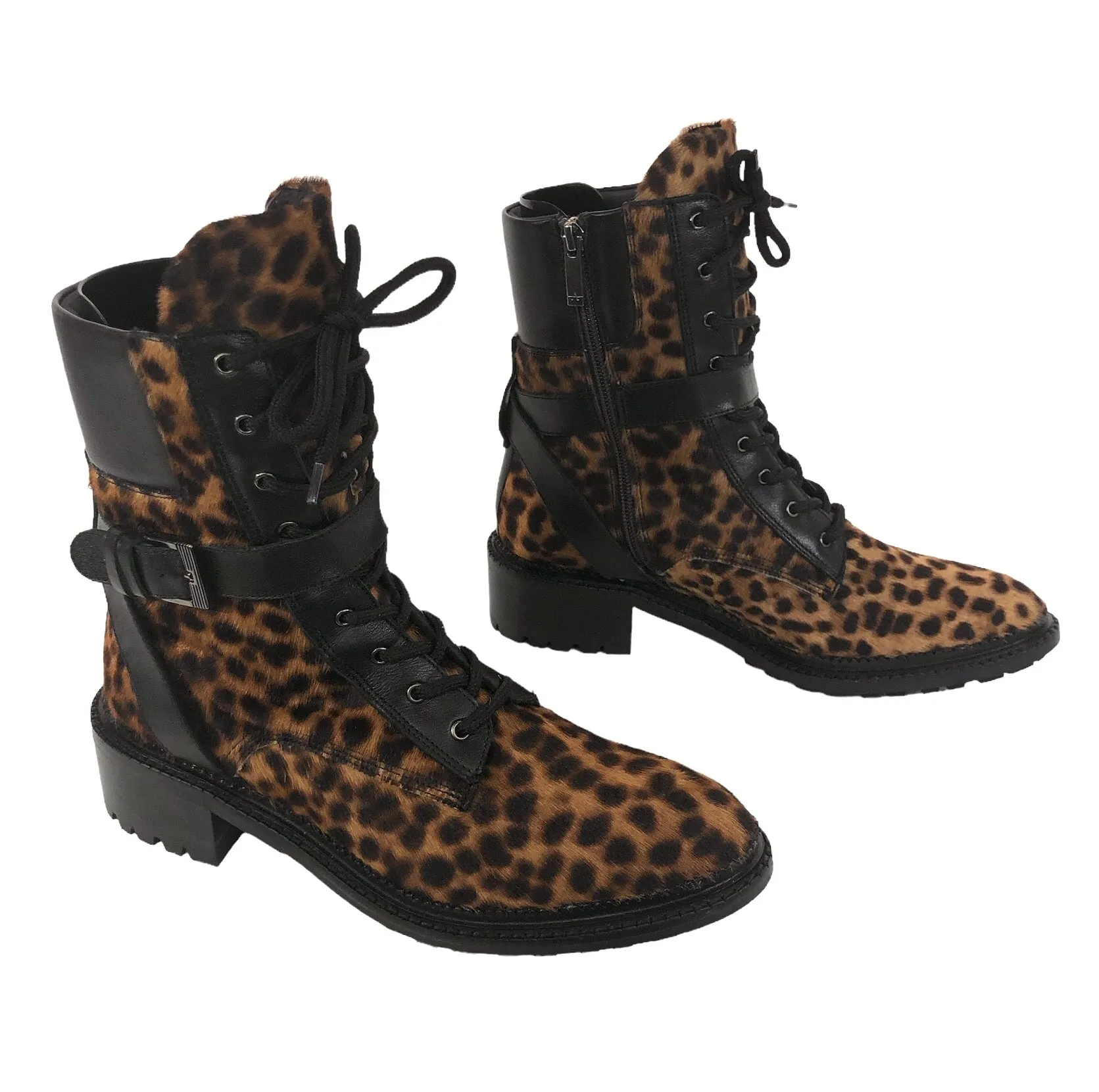 Octavia Leopard-Print Buckle Combat Booties | Size 8.5