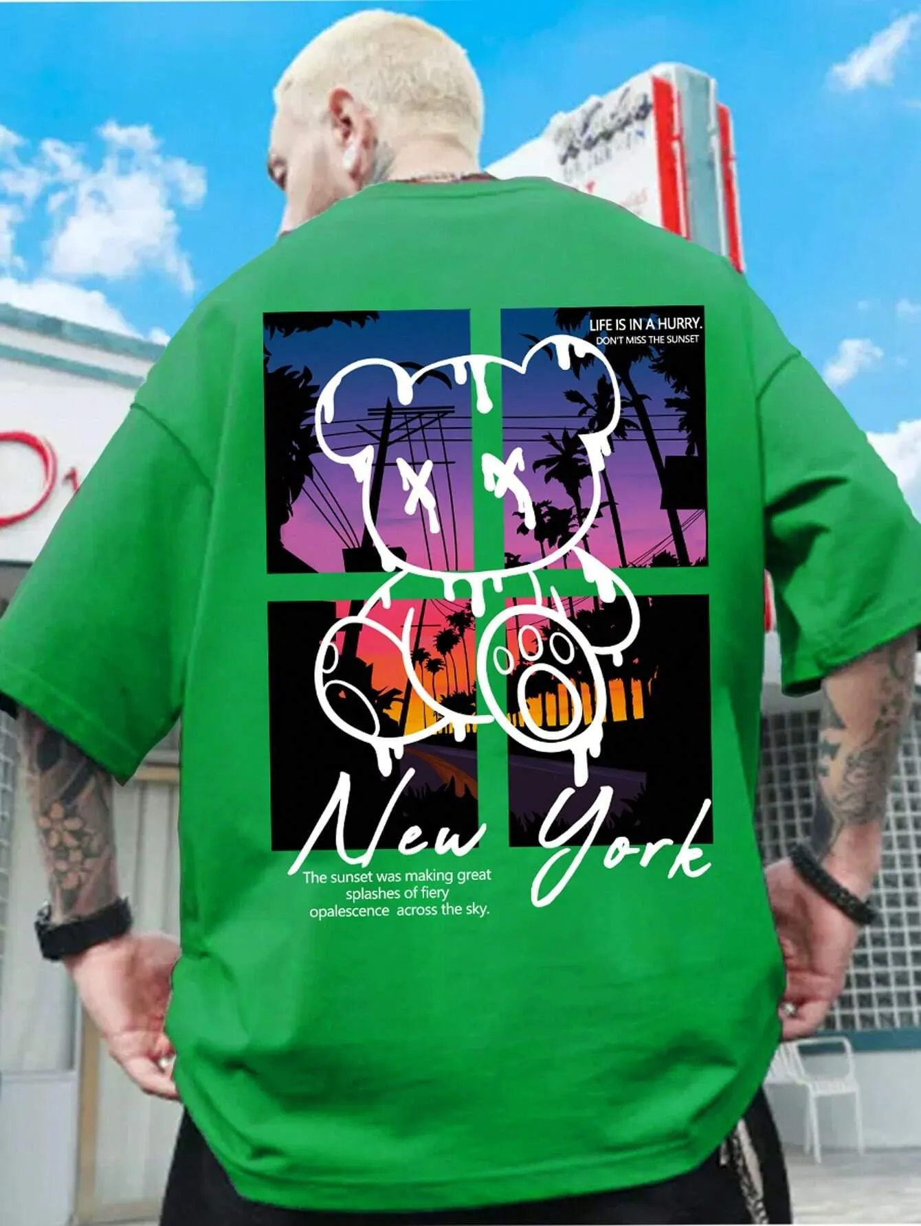 Oversized Cotton T-Shirt Sunset Bear Art