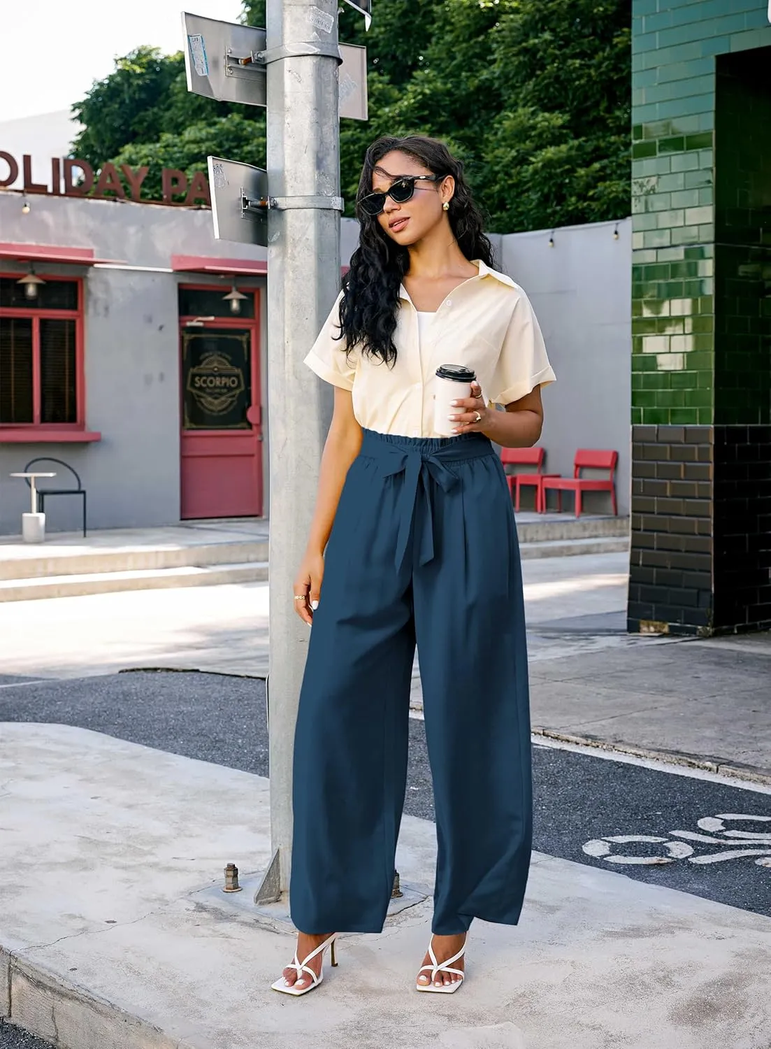 Palazzo Pants for Women Casual, Women's Wide Leg Pants with High Waist Adjustable Knot, Comfy Workwear