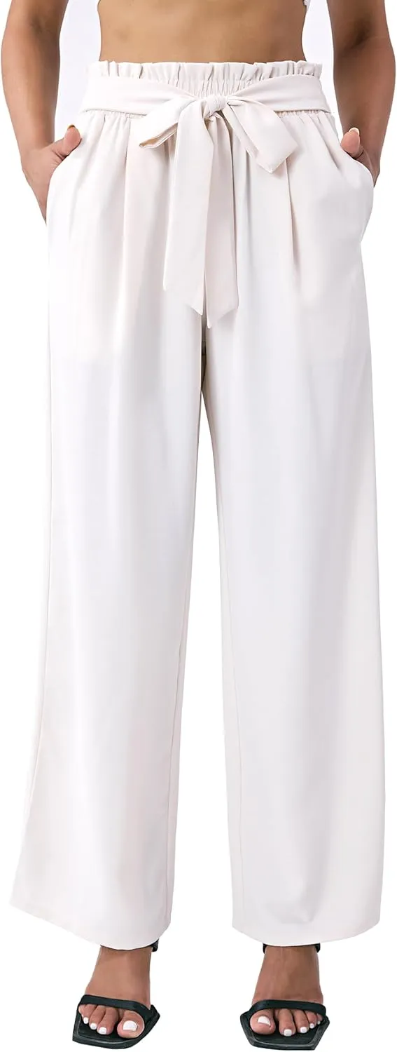 Palazzo Pants for Women Casual, Women's Wide Leg Pants with High Waist Adjustable Knot, Comfy Workwear