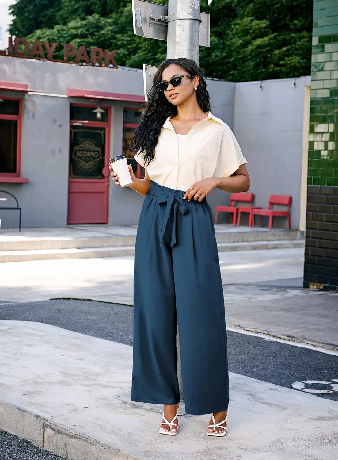 Palazzo Pants for Women Casual, Women's Wide Leg Pants with High Waist Adjustable Knot, Comfy Workwear