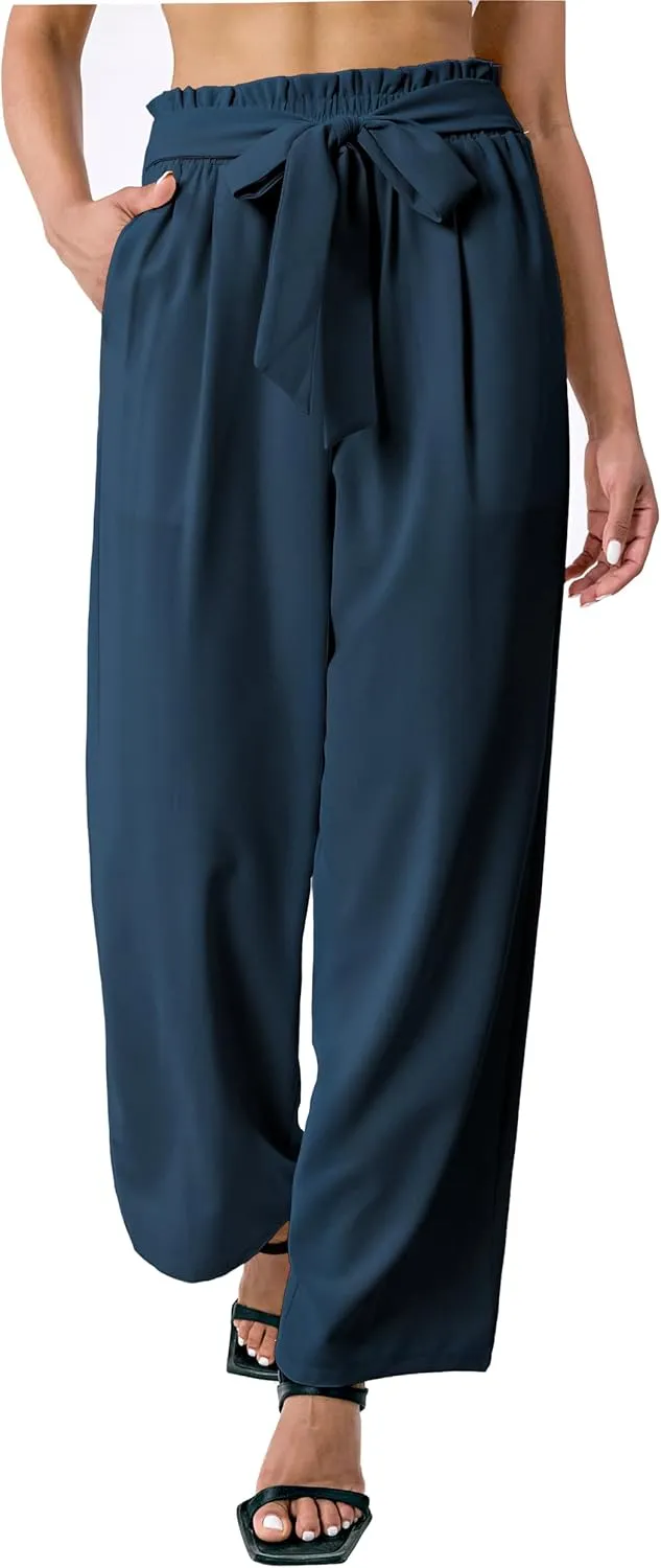 Palazzo Pants for Women Casual, Women's Wide Leg Pants with High Waist Adjustable Knot, Comfy Workwear
