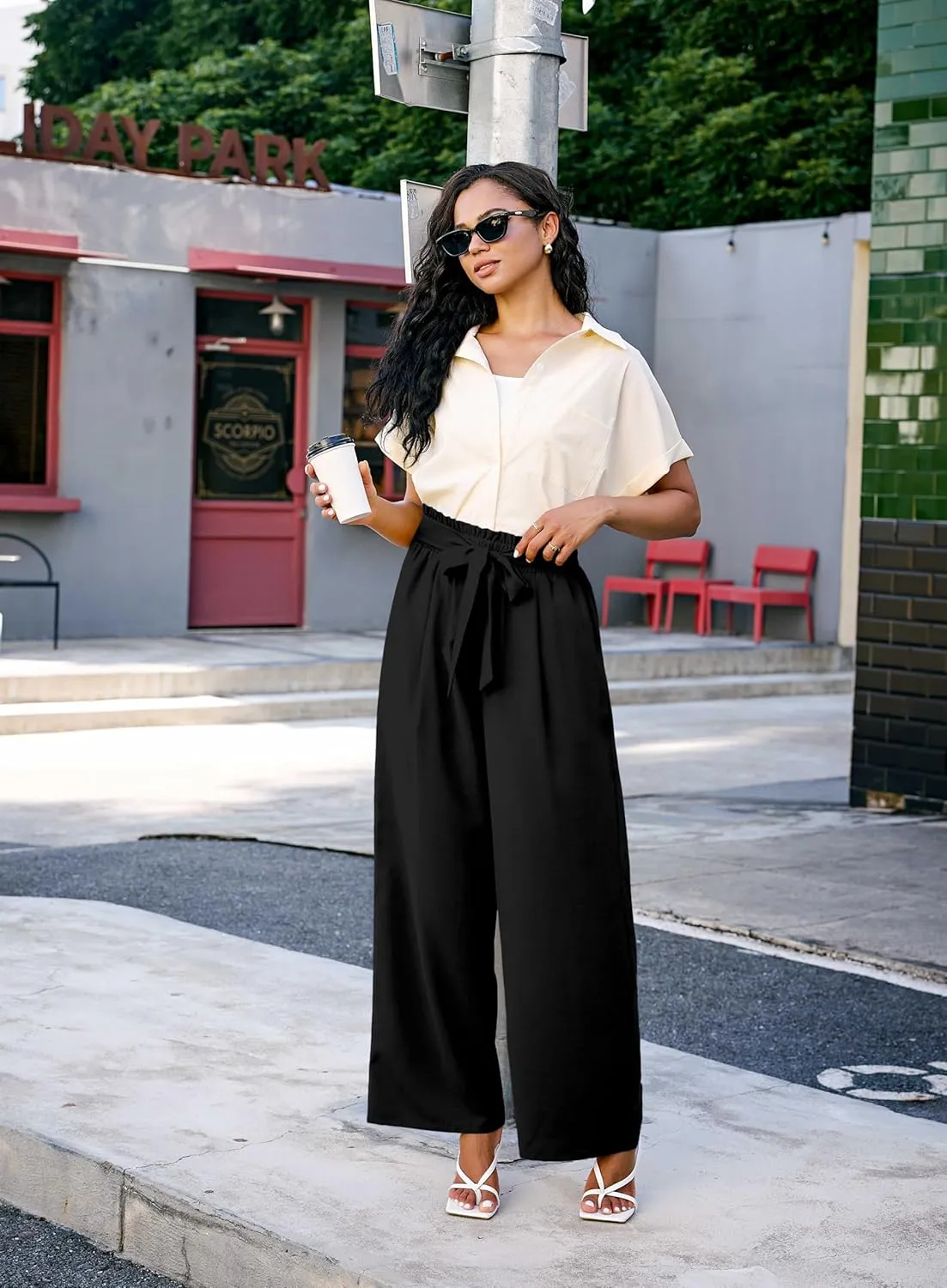 Palazzo Pants for Women Casual, Women's Wide Leg Pants with High Waist Adjustable Knot, Comfy Workwear