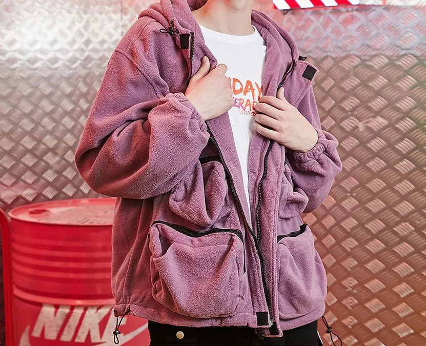 Patchwork Hooded Jackets Men Hip Hop Multi Pockets Warm Coats