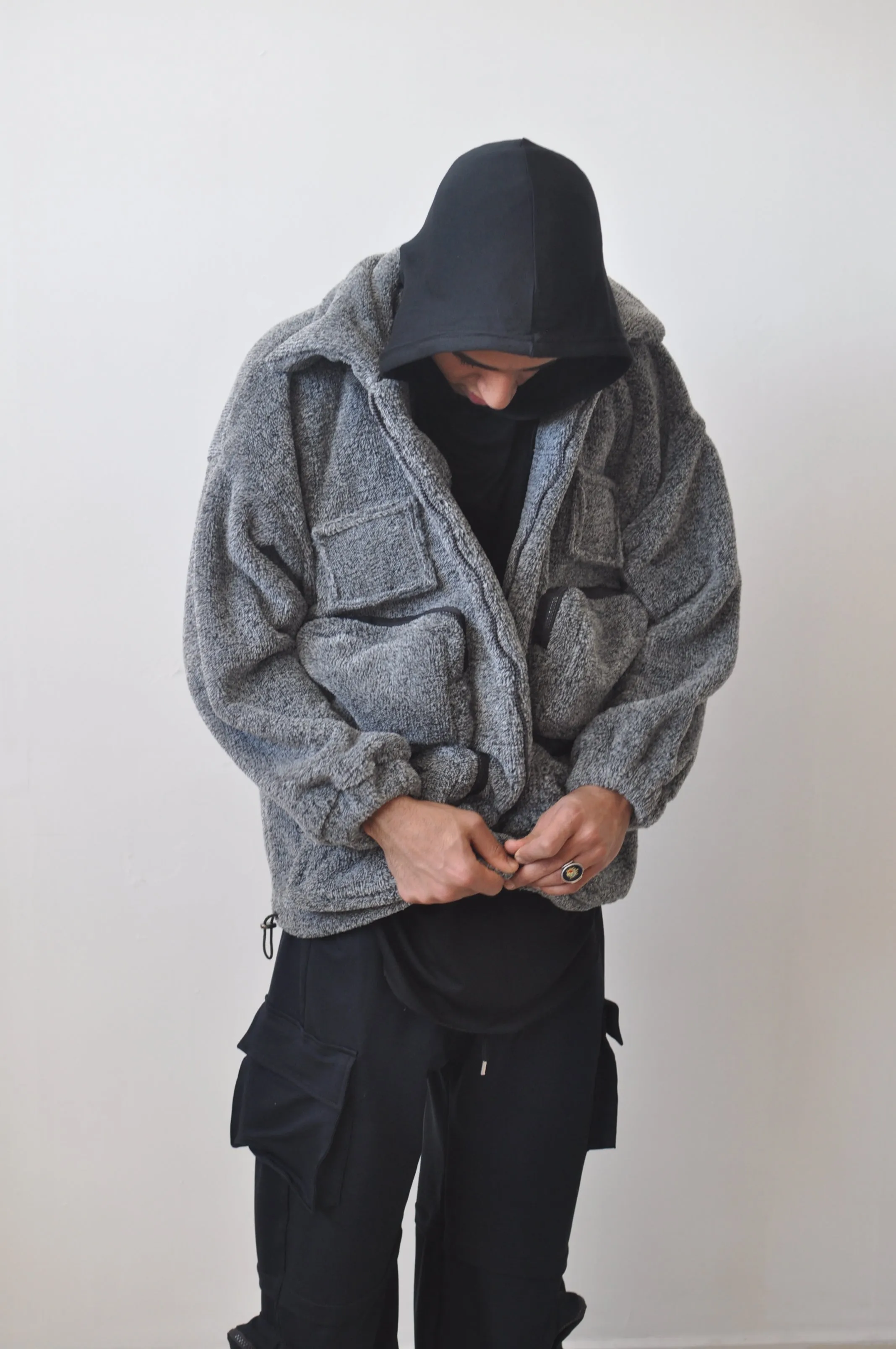 Patchwork Hooded Jackets Men Hip Hop Multi Pockets Warm Coats