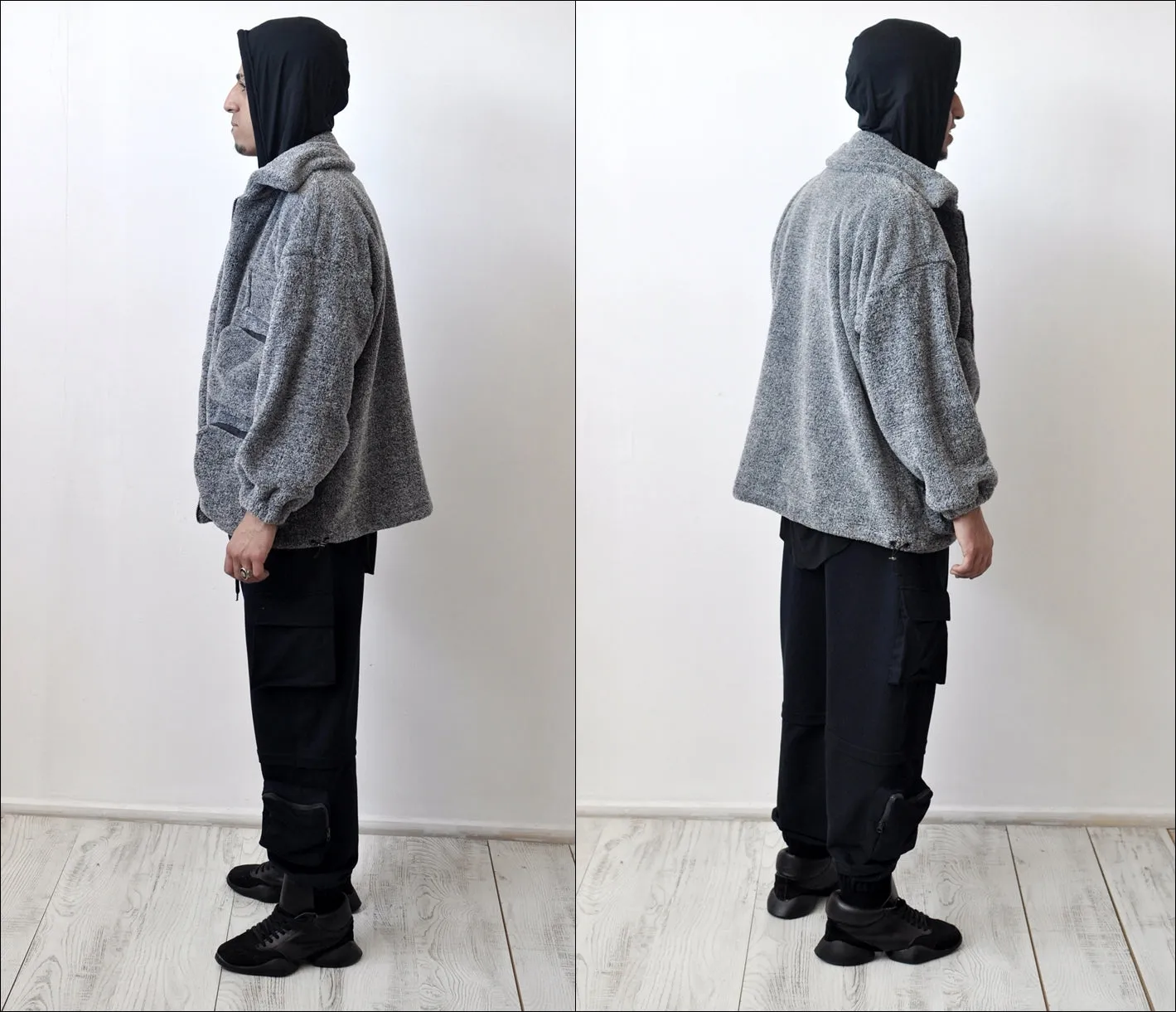 Patchwork Hooded Jackets Men Hip Hop Multi Pockets Warm Coats