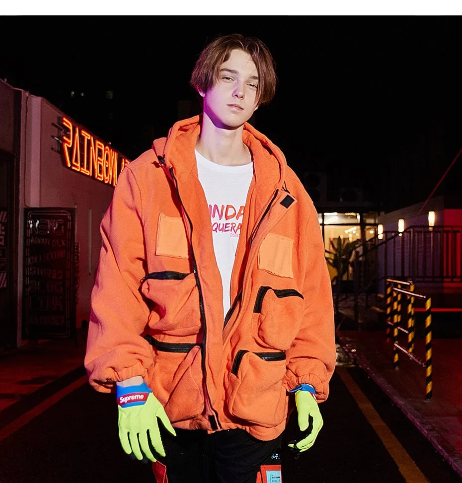 Patchwork Hooded Jackets Men Hip Hop Multi Pockets Warm Coats