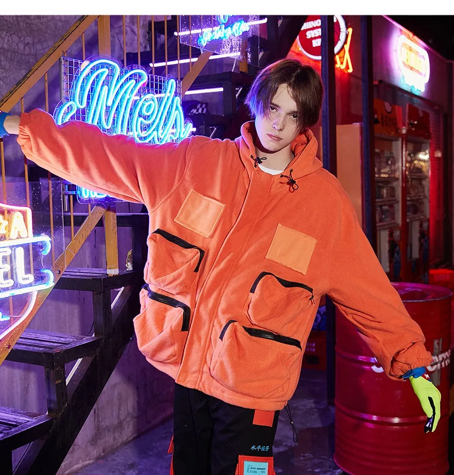 Patchwork Hooded Jackets Men Hip Hop Multi Pockets Warm Coats