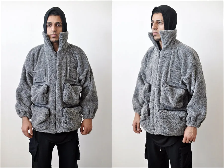 Patchwork Hooded Jackets Men Hip Hop Multi Pockets Warm Coats