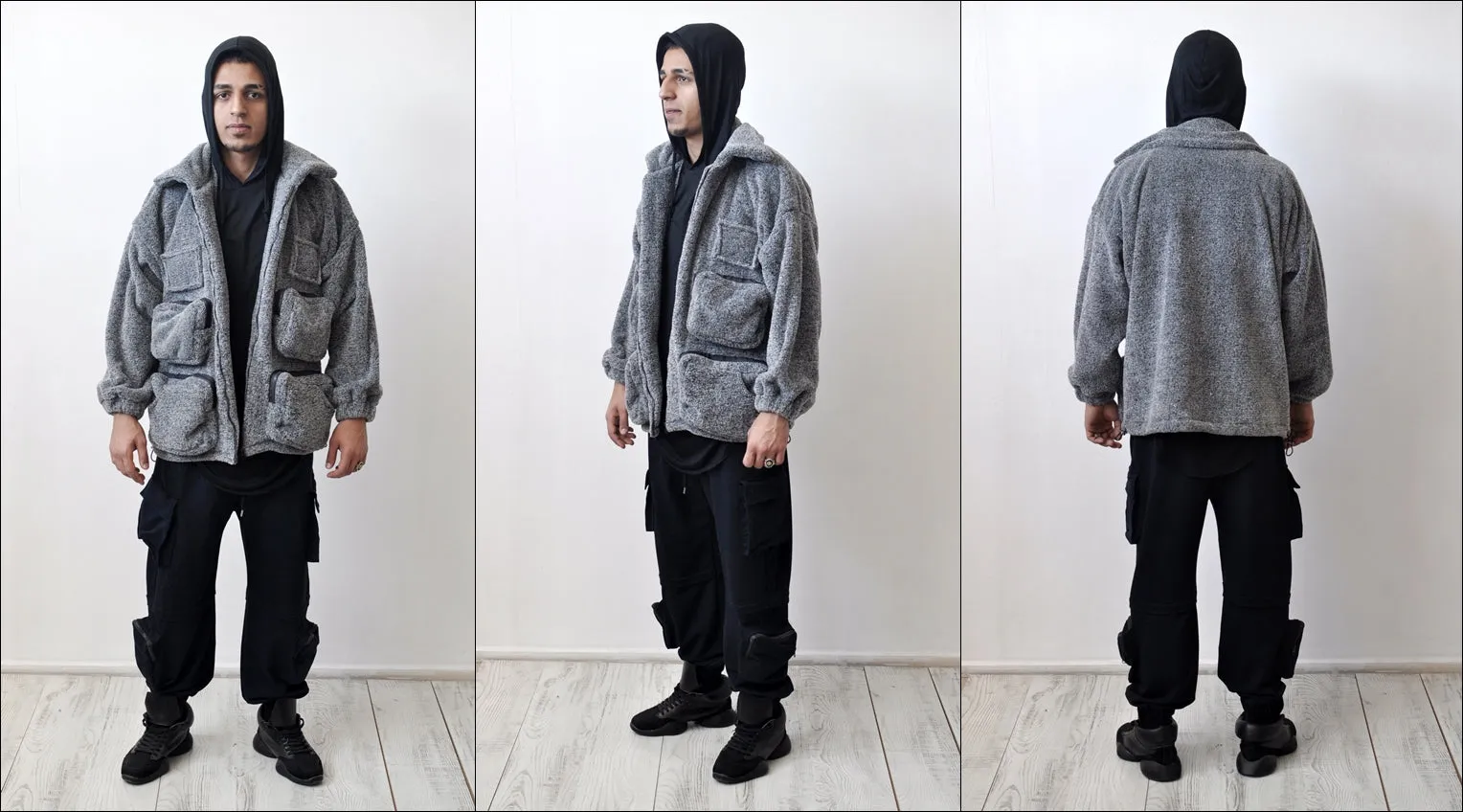 Patchwork Hooded Jackets Men Hip Hop Multi Pockets Warm Coats