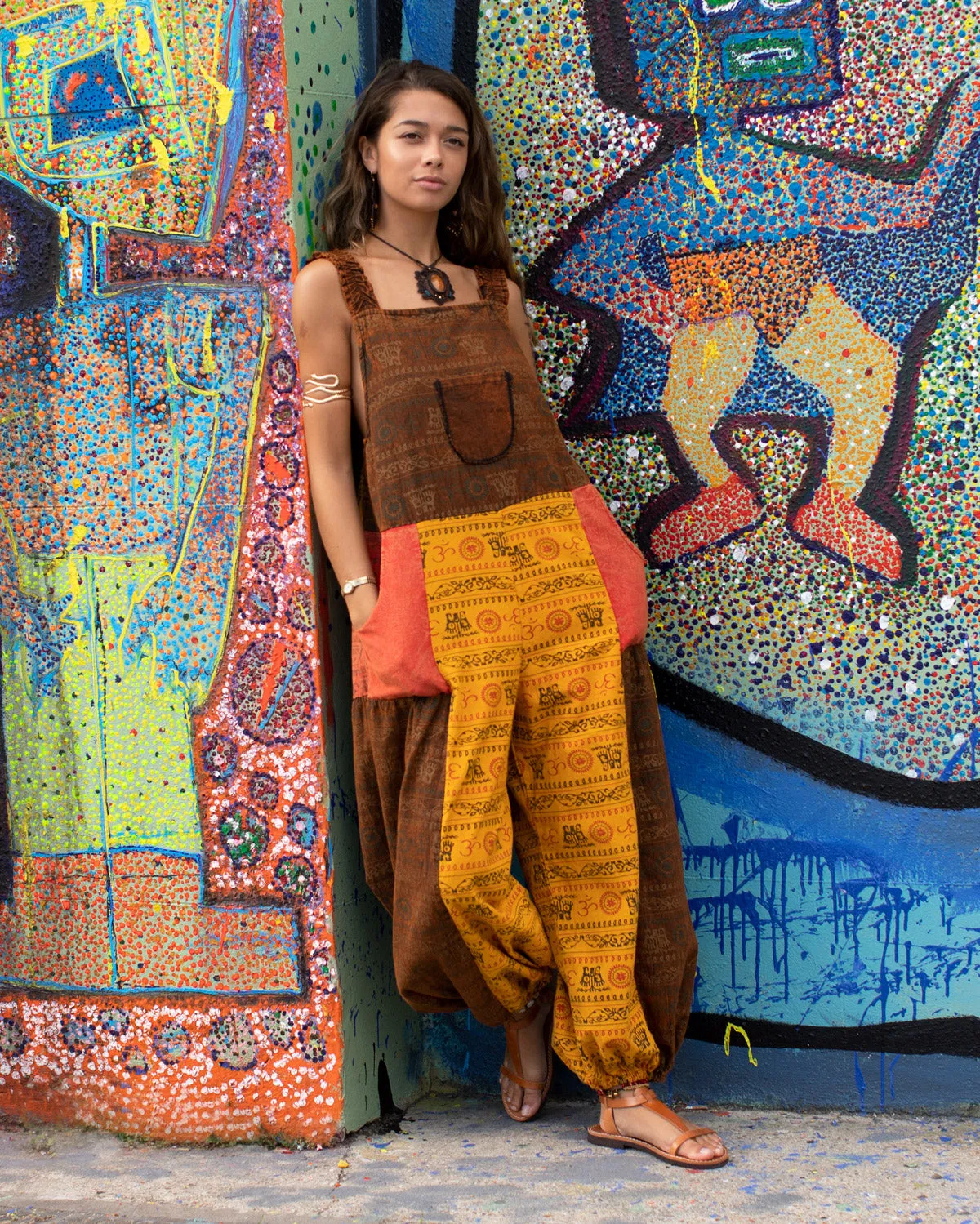 Patchwork Ohm Mandala Dungarees Orange/Brown