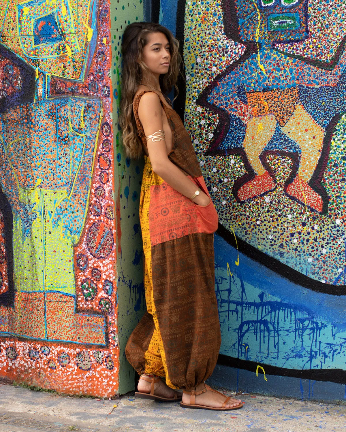 Patchwork Ohm Mandala Dungarees Orange/Brown