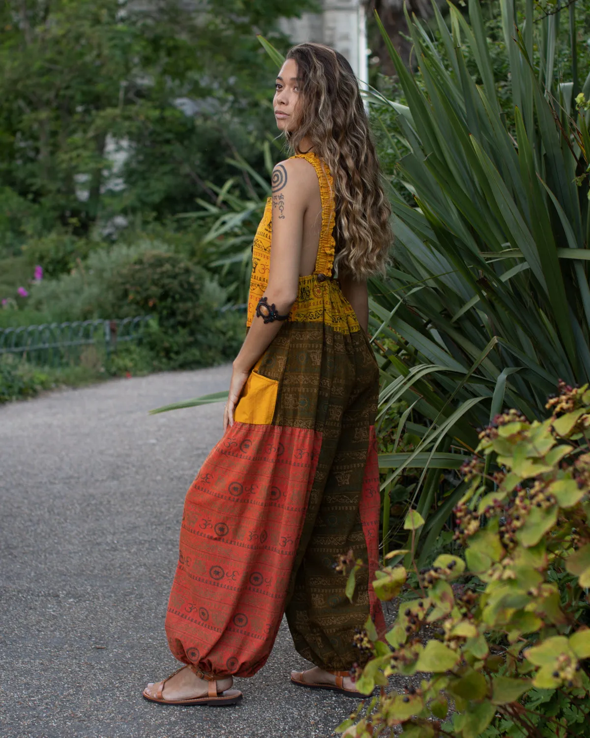Patchwork Ohm Mandala Dungarees Yellow/Red