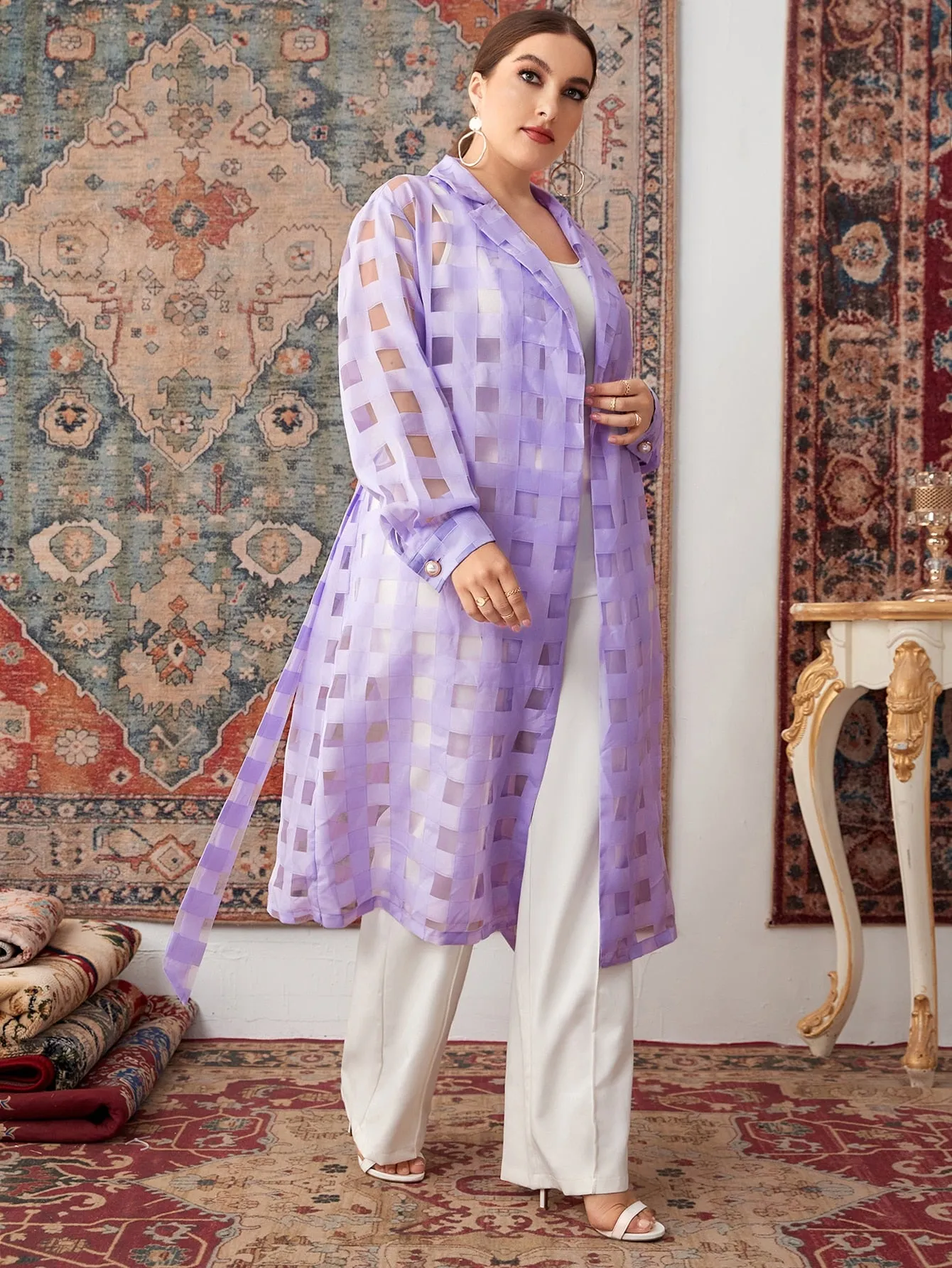 Plaid Belted Long Sleeve Lapel Midi Plus Size Coat