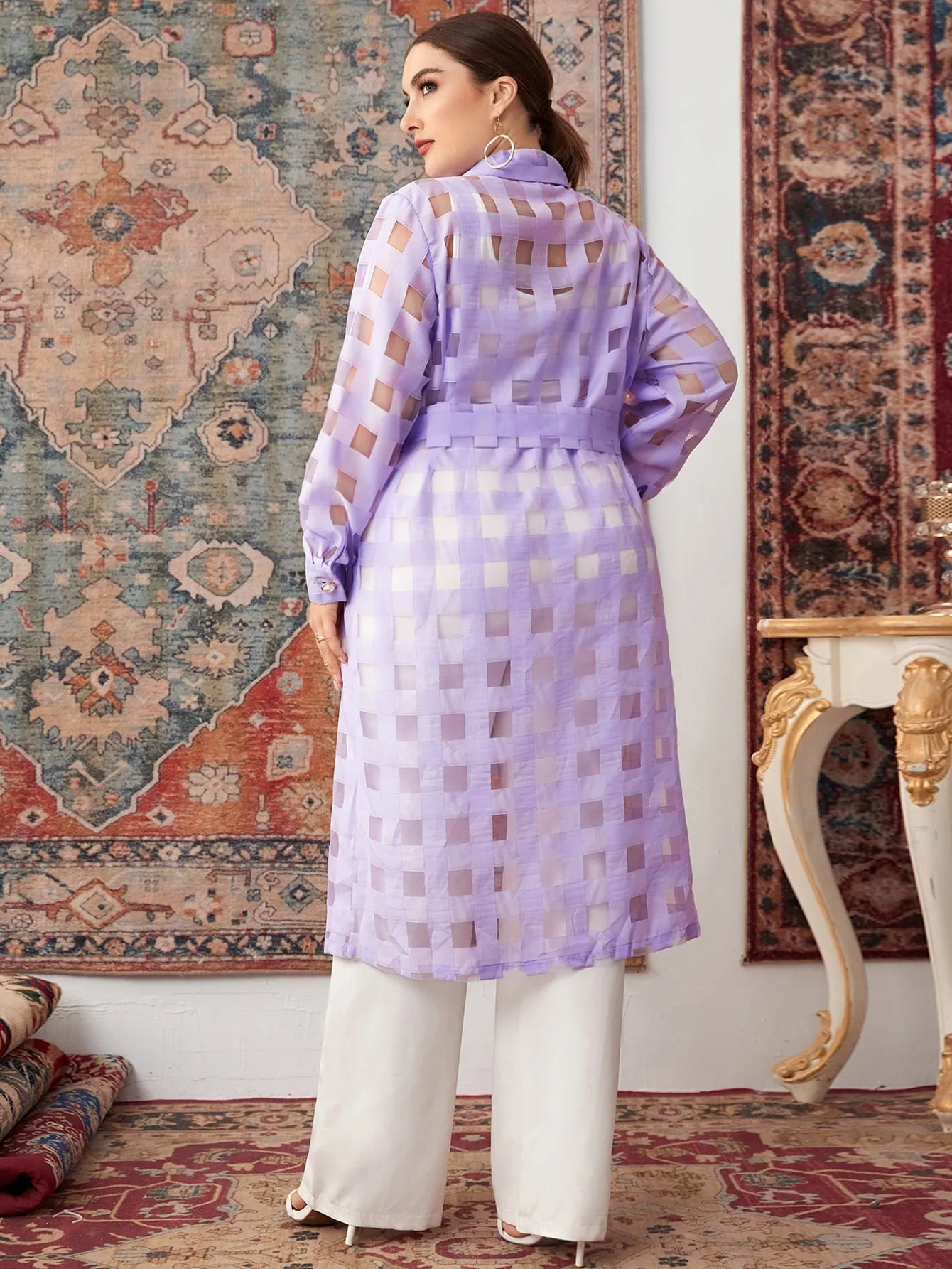 Plaid Belted Long Sleeve Lapel Midi Plus Size Coat