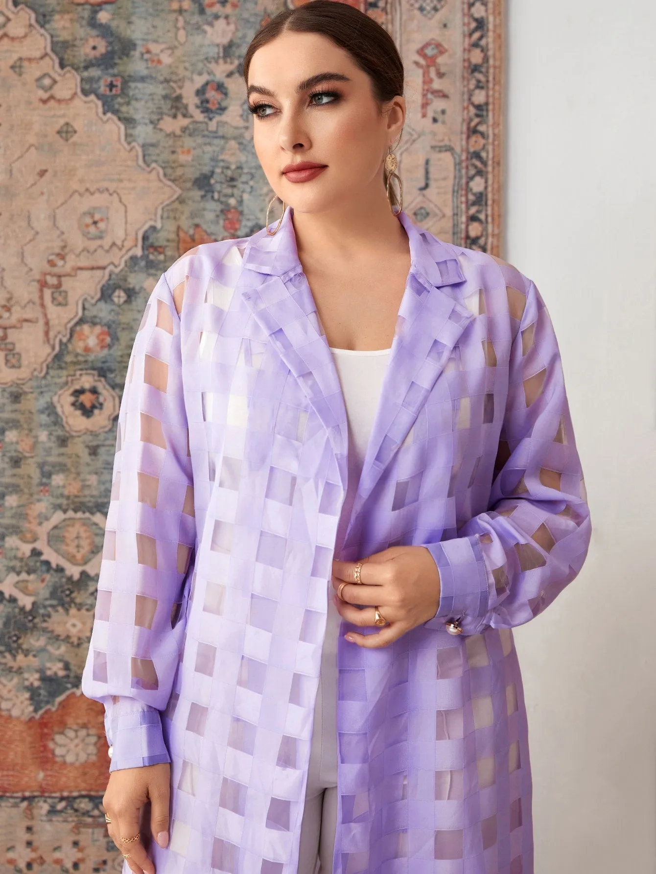 Plaid Belted Long Sleeve Lapel Midi Plus Size Coat