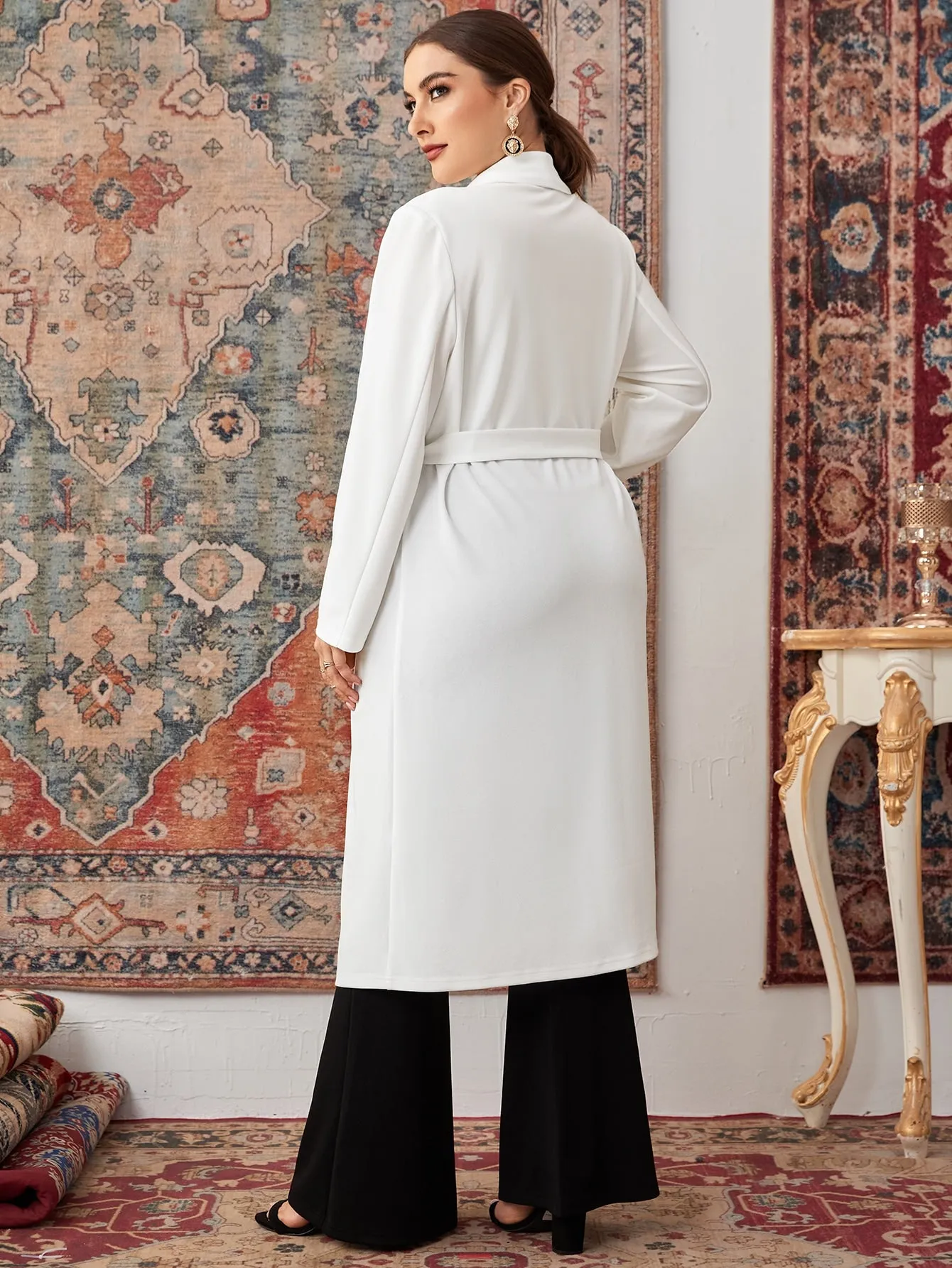 Plain Chain Long Sleeve Shawl Collar Midi Plus Size Coat