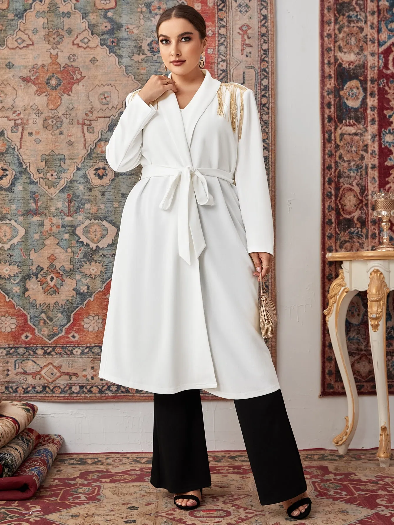 Plain Chain Long Sleeve Shawl Collar Midi Plus Size Coat