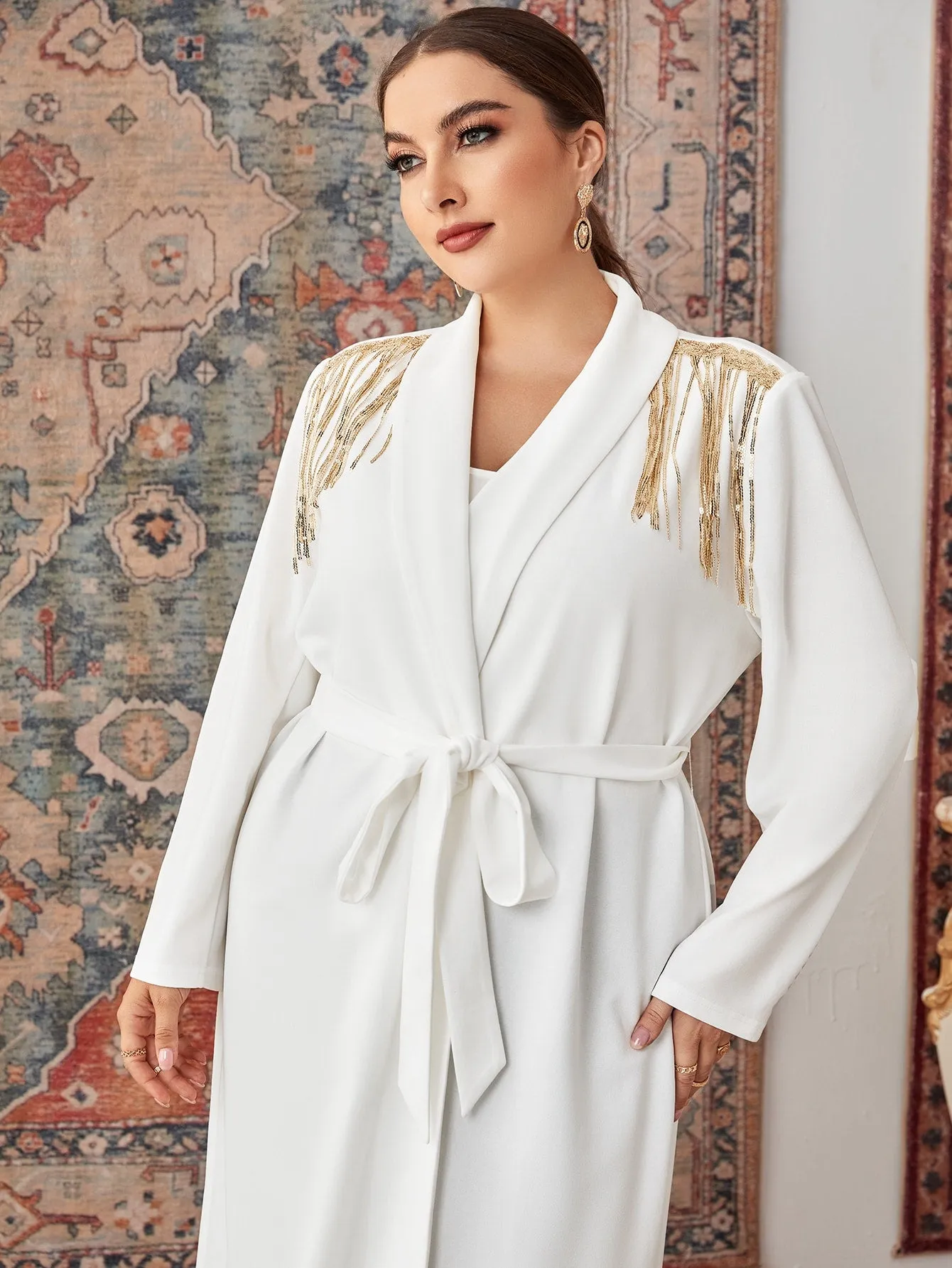 Plain Chain Long Sleeve Shawl Collar Midi Plus Size Coat