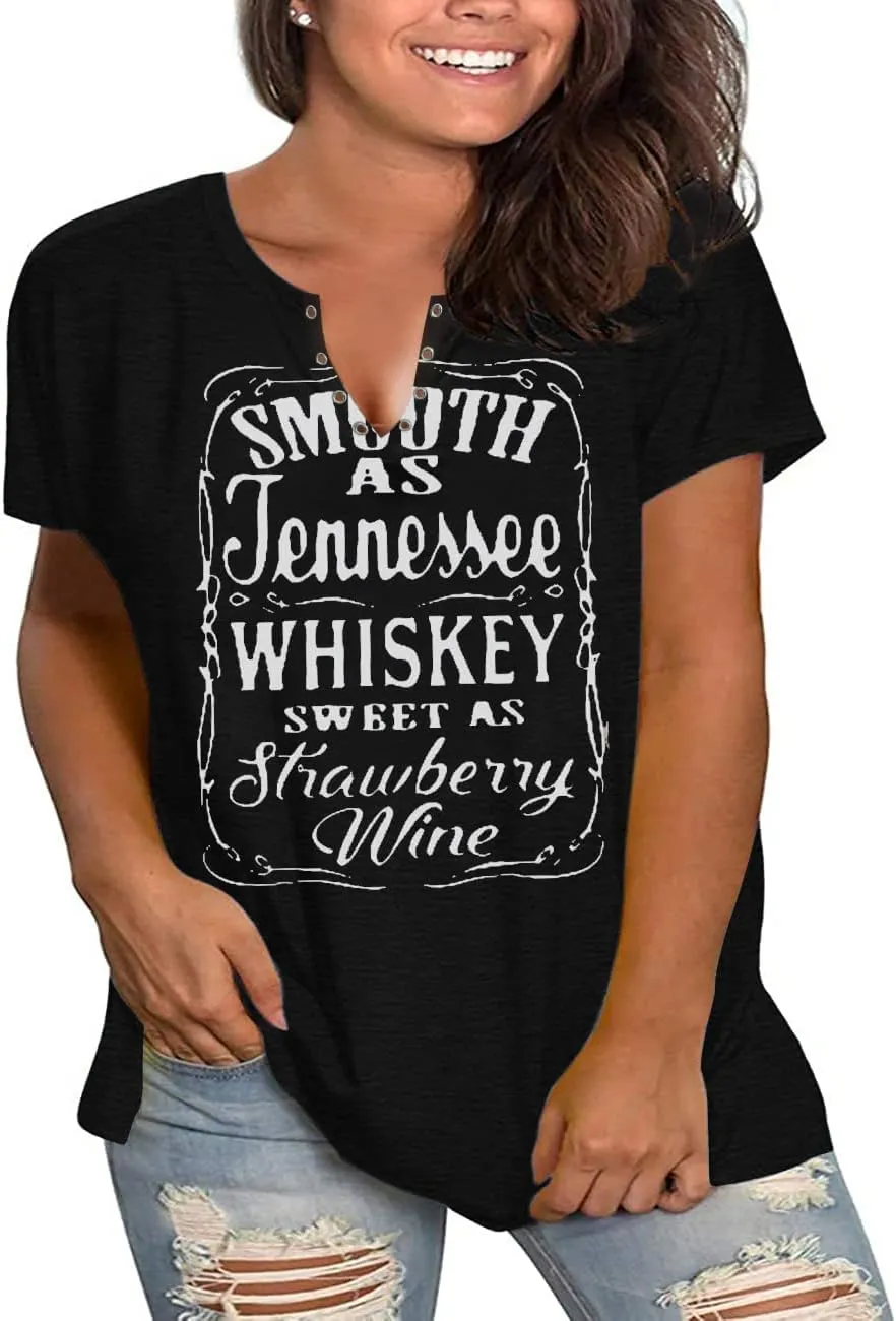 Plus Size Smooth As Tennessee Whiskey Sweet As Strawberry Wine Shirt Womens V-Neck T Shirts Country Music Short Sleeve Tees