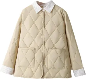Plus Size Women Parka Autumn Winter Loose Thin Argyle Lapel Block Color Cotton-Padded Coat