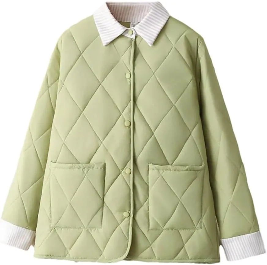 Plus Size Women Parka Autumn Winter Loose Thin Argyle Lapel Block Color Cotton-Padded Coat