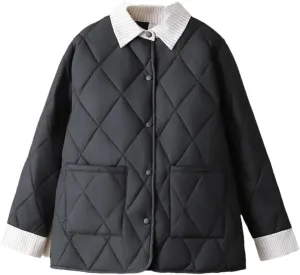 Plus Size Women Parka Autumn Winter Loose Thin Argyle Lapel Block Color Cotton-Padded Coat