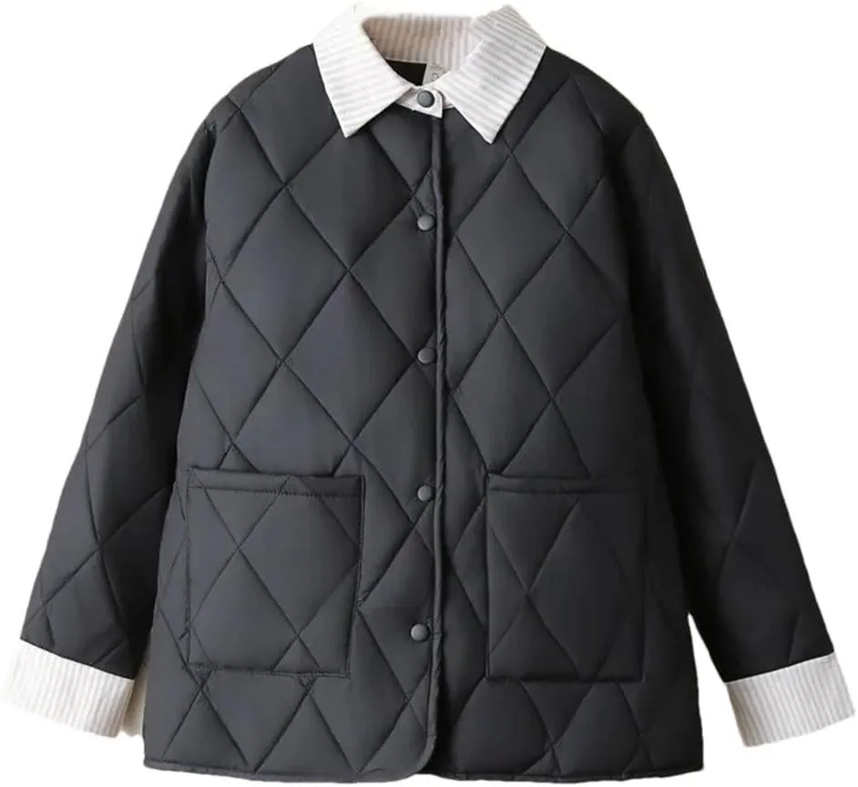 Plus Size Women Parka Autumn Winter Loose Thin Argyle Lapel Block Color Cotton-Padded Coat