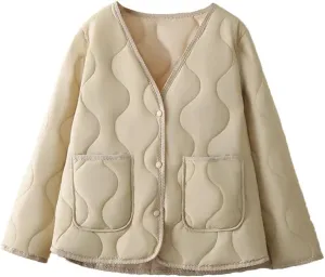 Plus Size Women Parka Autumn Winter Loose Thin V-Neck Pocket Cotton-Padded Coat