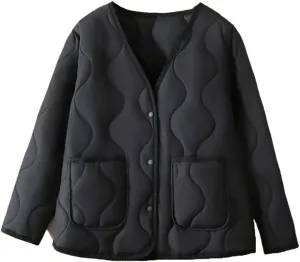 Plus Size Women Parka Autumn Winter Loose Thin V-Neck Pocket Cotton-Padded Coat