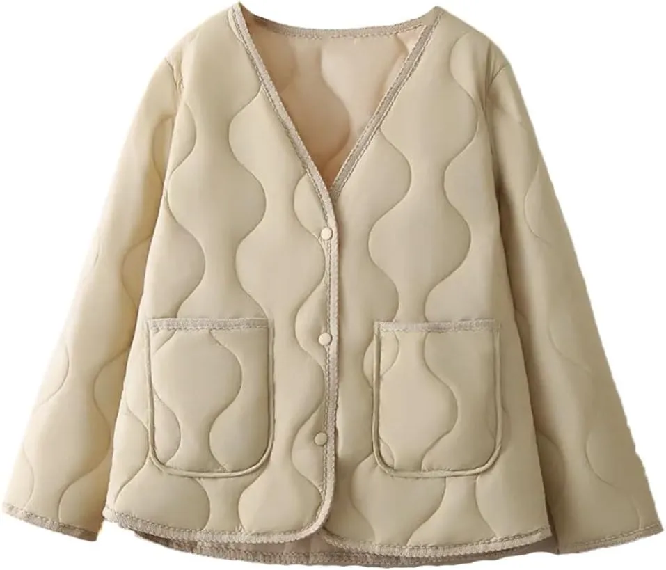 Plus Size Women Parka Autumn Winter Loose Thin V-Neck Pocket Cotton-Padded Coat