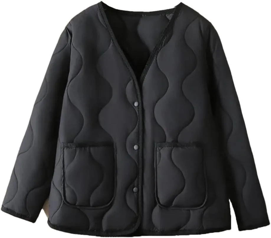 Plus Size Women Parka Autumn Winter Loose Thin V-Neck Pocket Cotton-Padded Coat