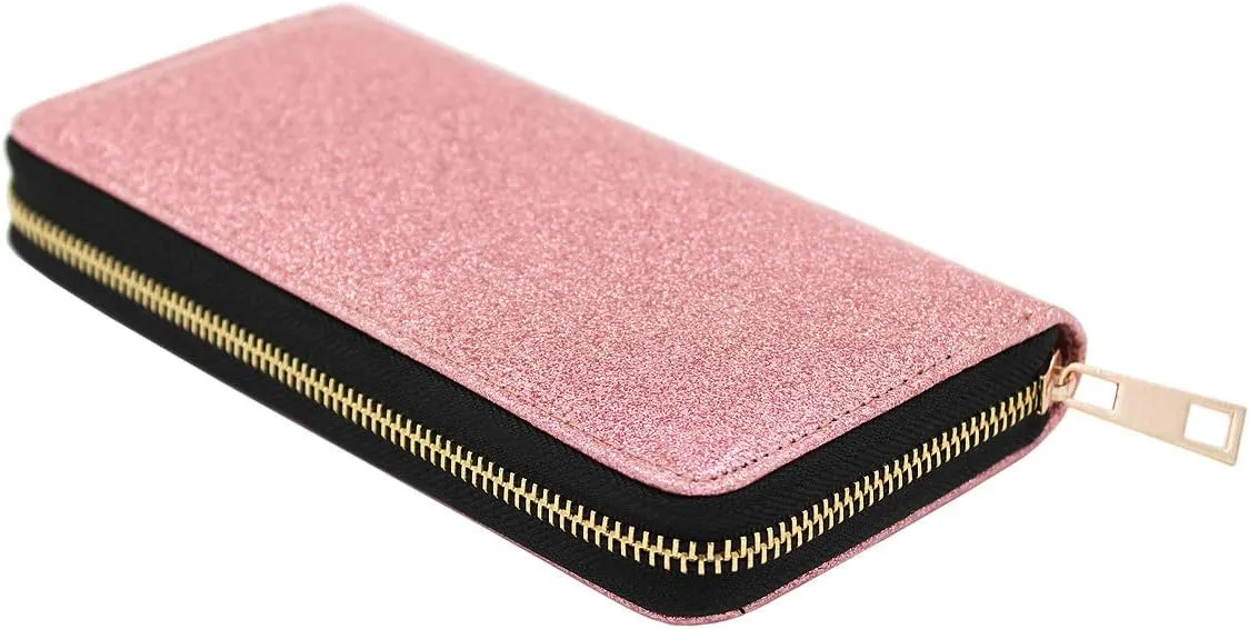 Premium Glitter Bling Smooth Vegan Leather Continental Zip Around Wallet
